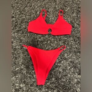 Red Textured Bikini Set